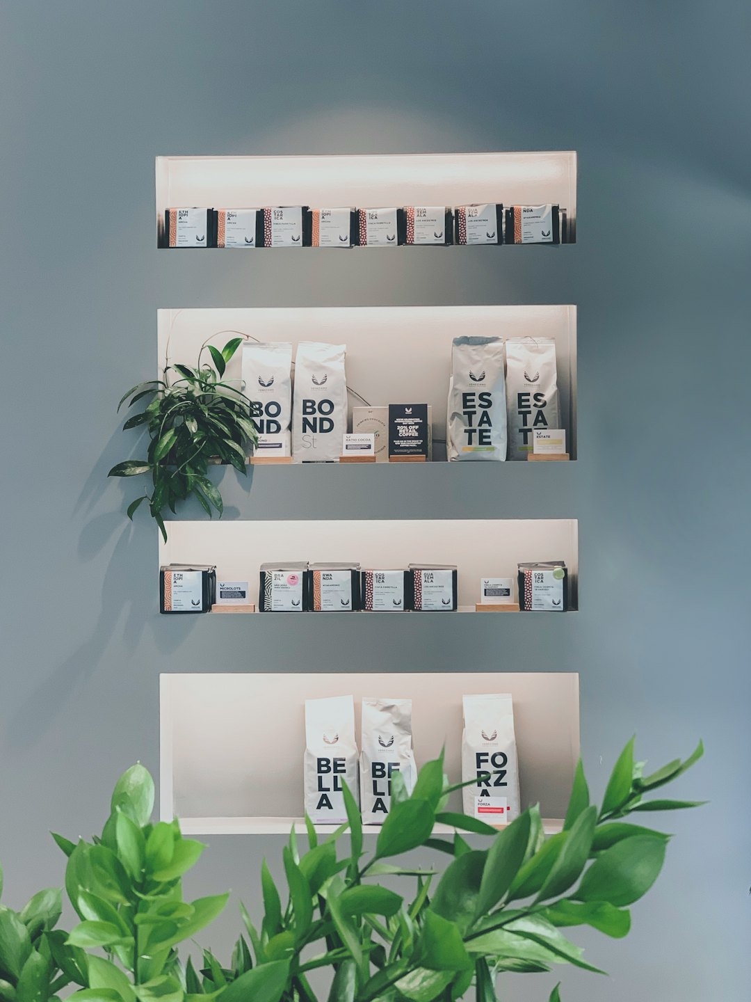 Branded coffee and tea products displayed on minimalist white shelves.